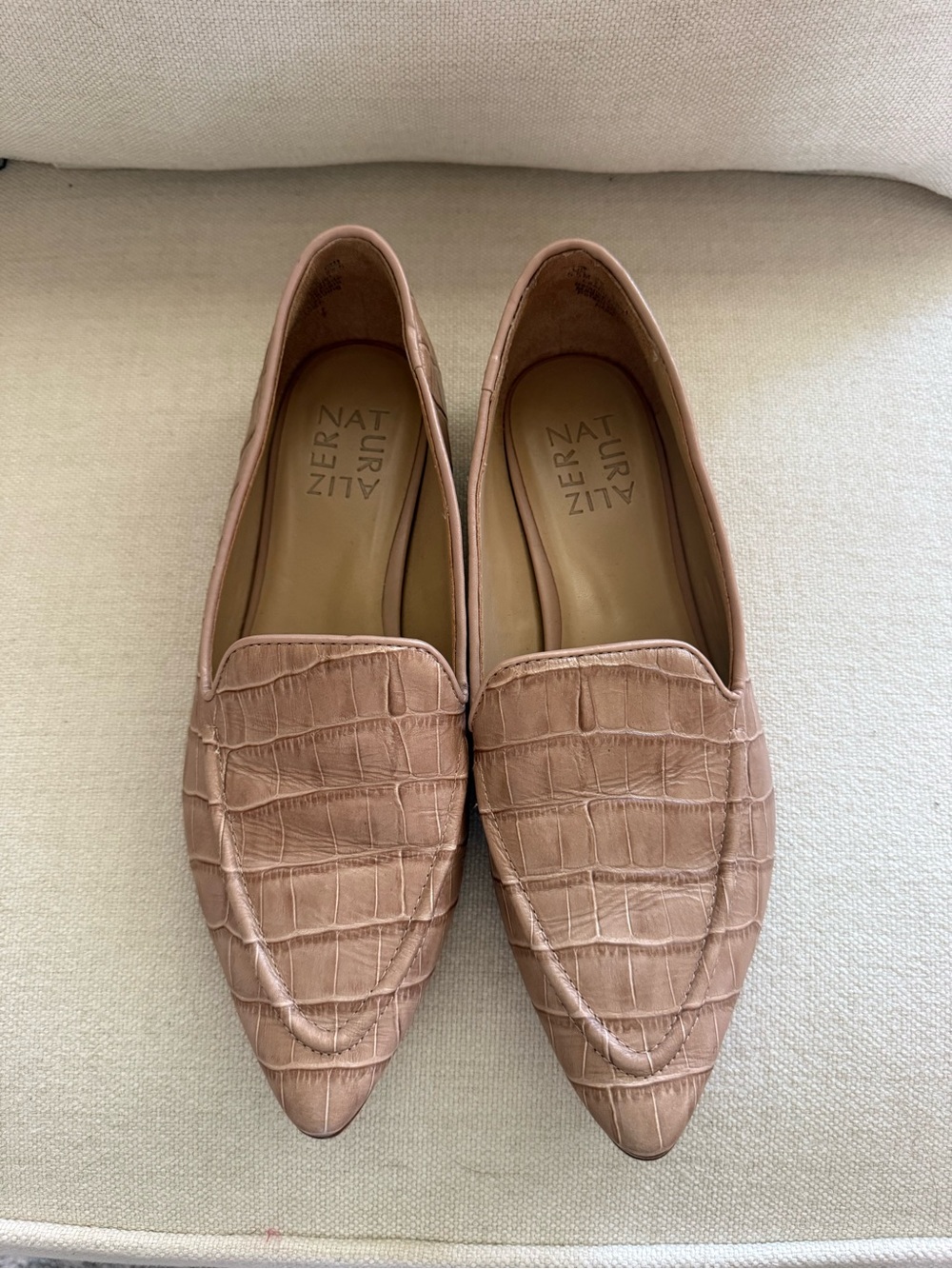 Naturalizer Croc-Embossed Pointed Loafers in Blush